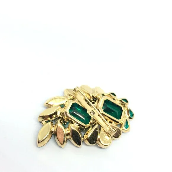 VINTAGE EMERALD Rhinestone Brooch  Earring Set Green Glass Prong Clip on MCM - Picture 16 of 16